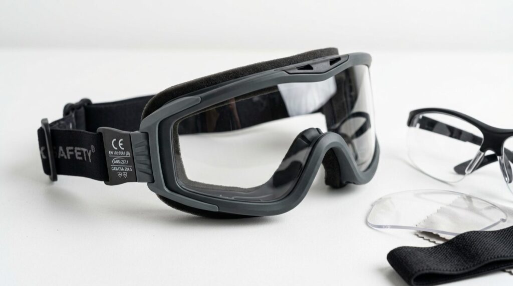 Close-up detailed shot of airsoft safety goggles and eye pro