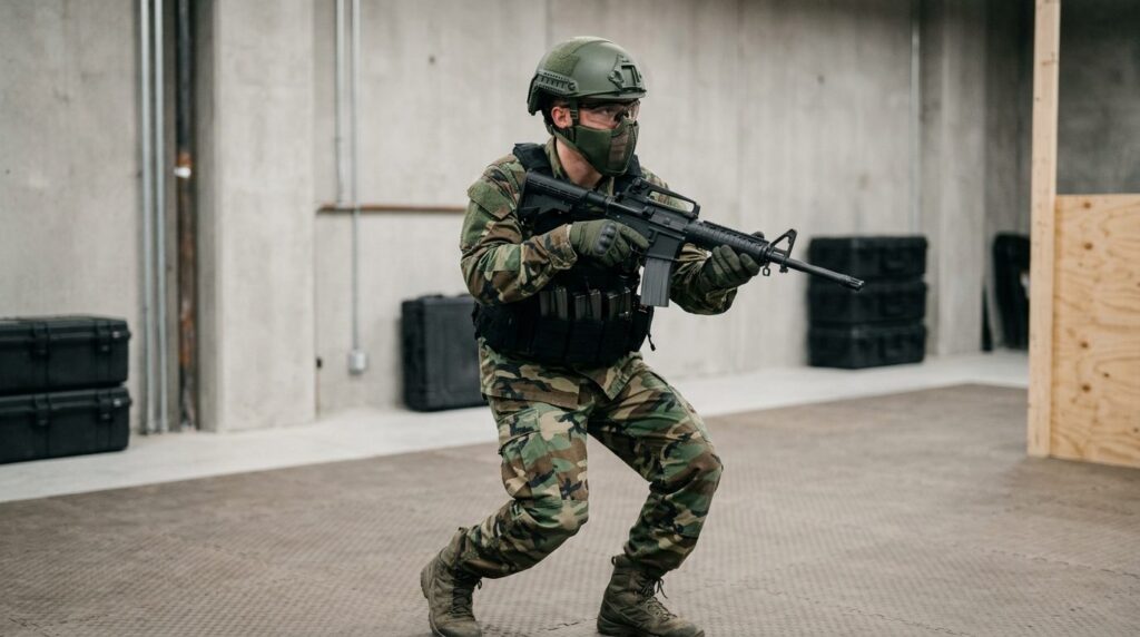 Airsoft player wearing properly fitted protective gear inclu