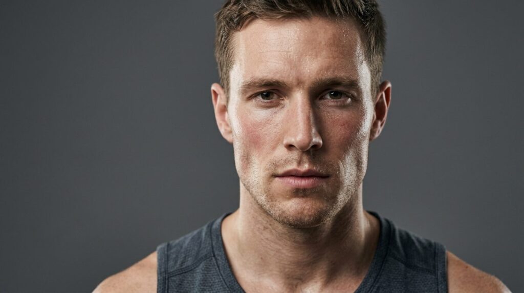 Close-up portrait of fit male athlete showing facial structu