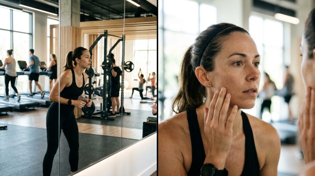 Split-screen comparison style: athletic woman examining her