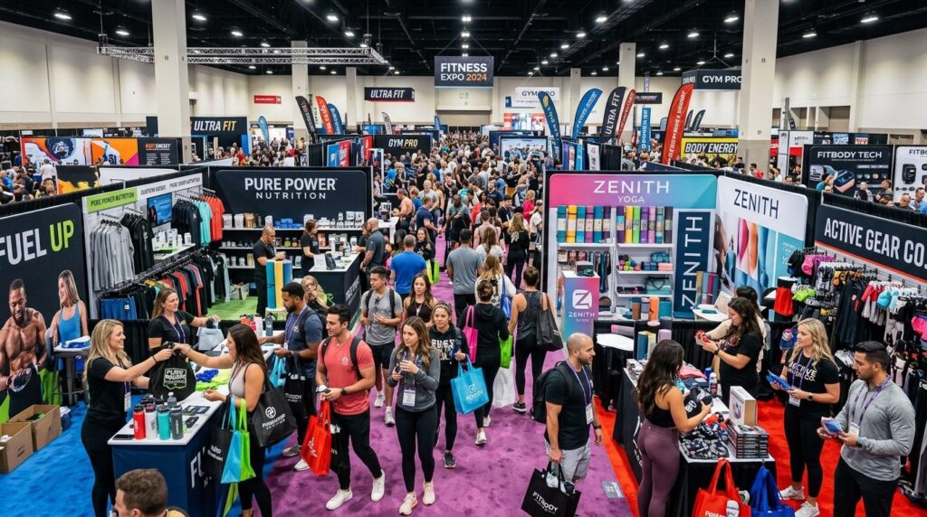 Wide-angle photograph of crowded fitness trade show floor wi