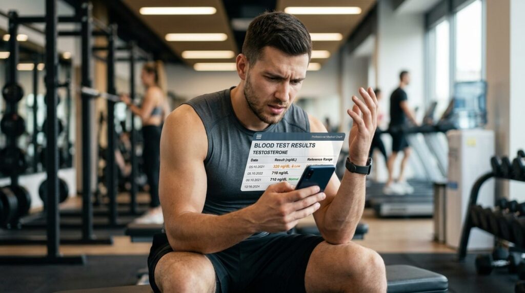 Muscular athletic man in gym looking at smartphone showing c