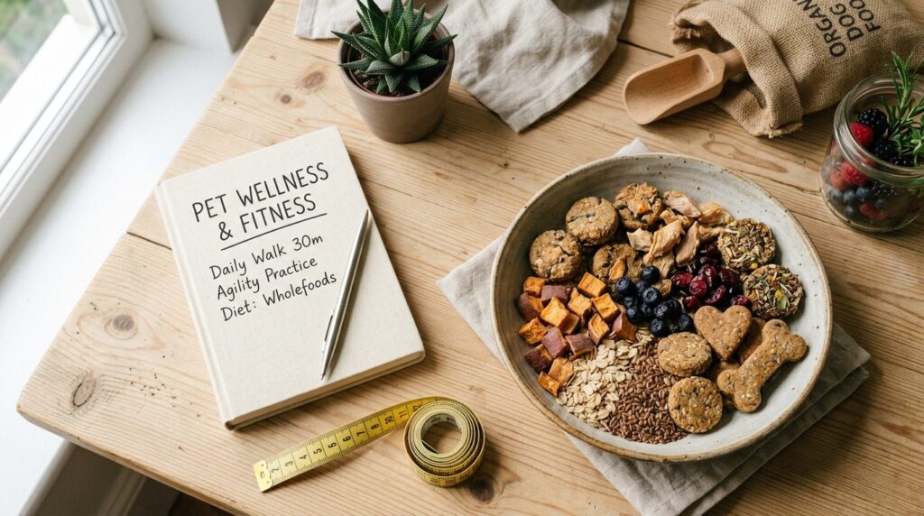 Close-up overhead shot of organic dog treats with visible wh