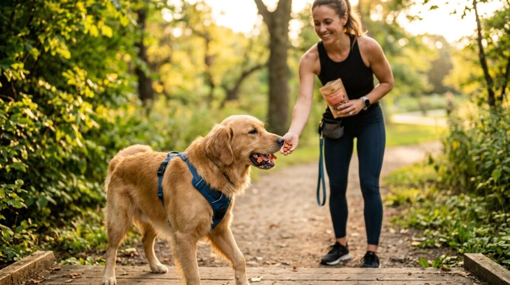 Active dog eating healthy treats during outdoor training ses