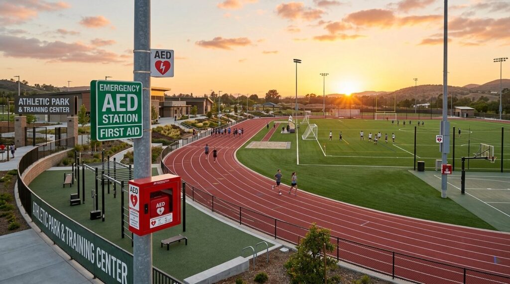 Wide outdoor sports training facility at sunset with multipl
