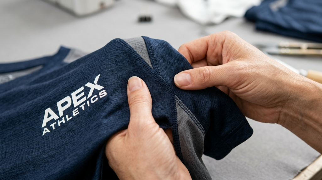 Close-up detail shot of high-quality branded training t-shir