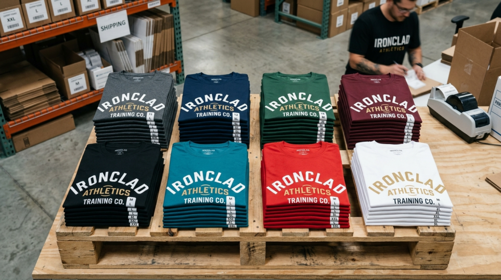 Organized flat lay photograph of multiple branded training t