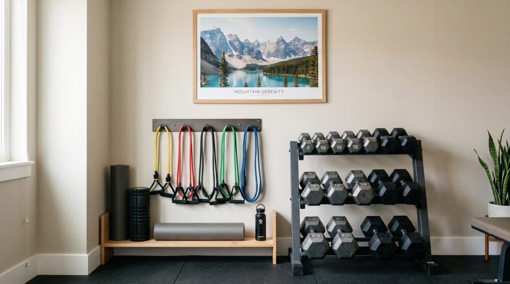 Realistic stock photo, 16:9 format: Close-up of home gym cor
