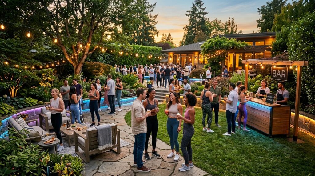 Wide-angle evening view of a contemporary garden party setti