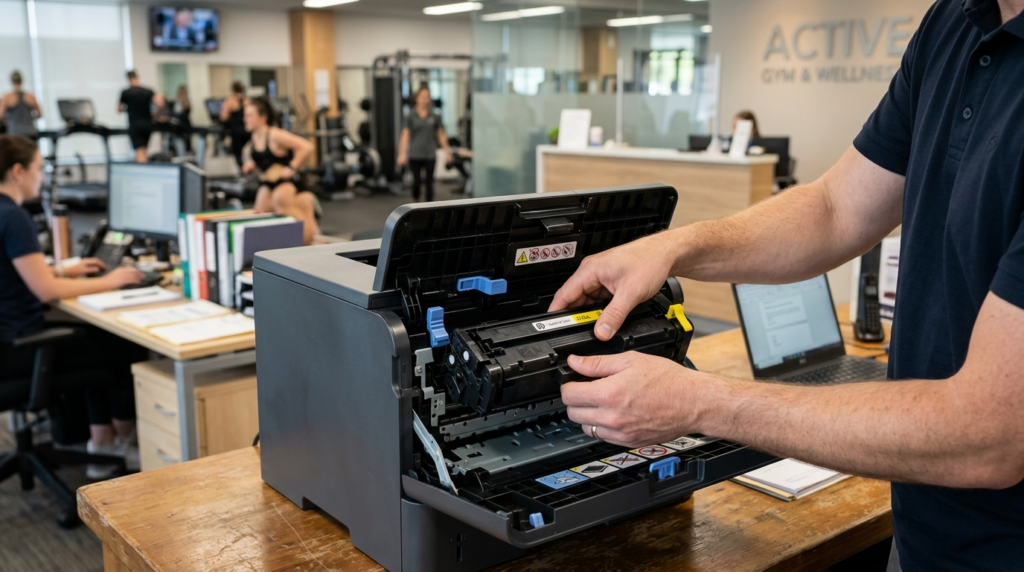Close-up of hands replacing toner cartridge in HP printer wi