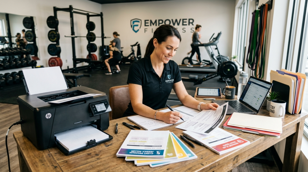 Small fitness business owner reviewing printed client workou