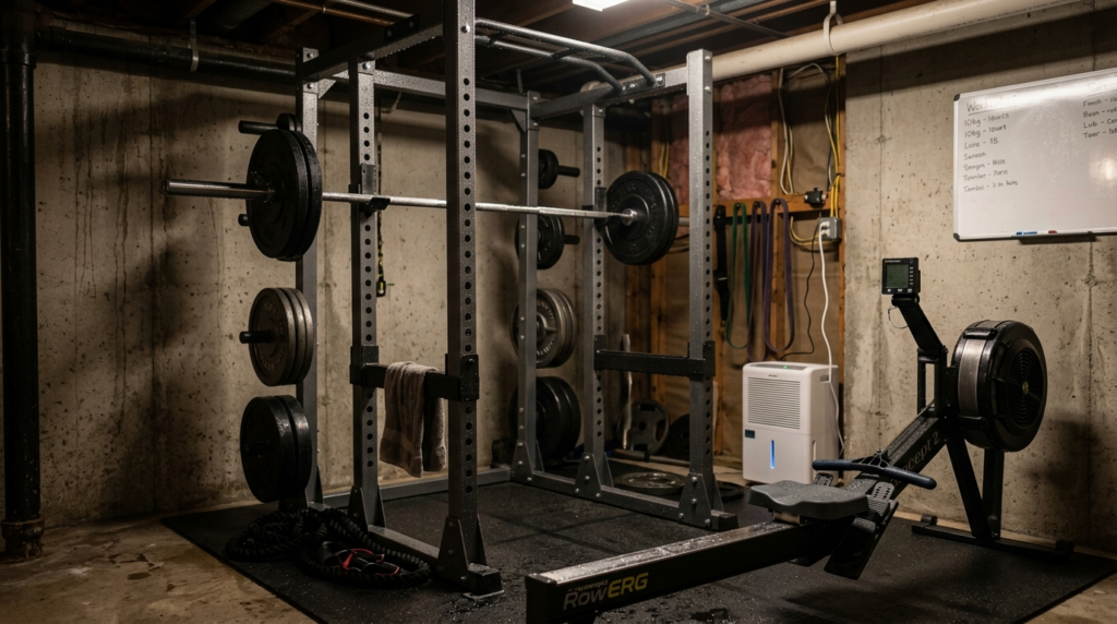 Realistic image of a humid basement home gym with moisture c