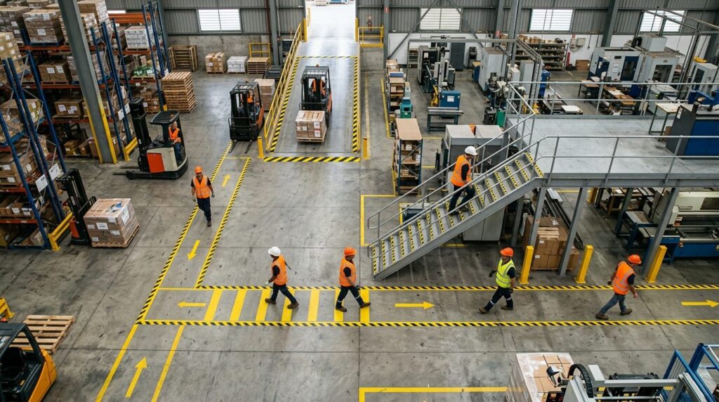Overhead shot of a busy industrial warehouse floor showing s