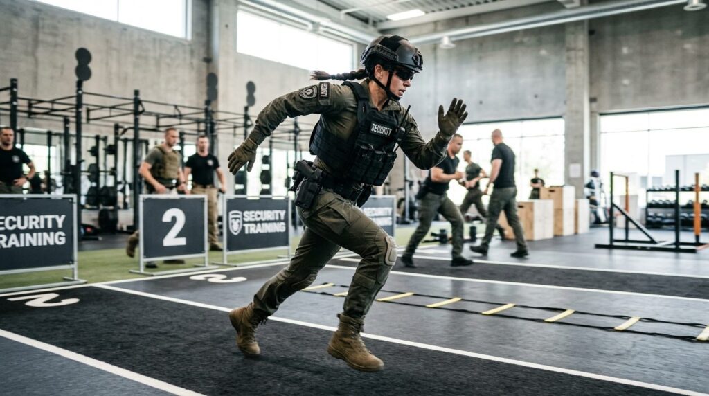 Active female security personnel in tactical gear performing